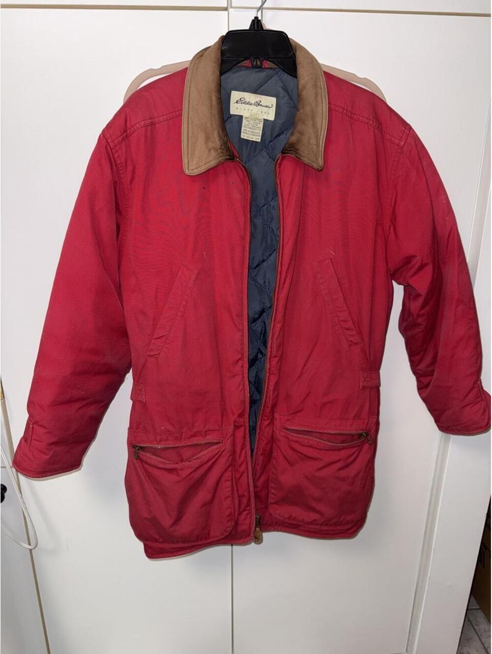 Eddie Bauer women chore barn jacket sz small tall red leather quilted goose flaw